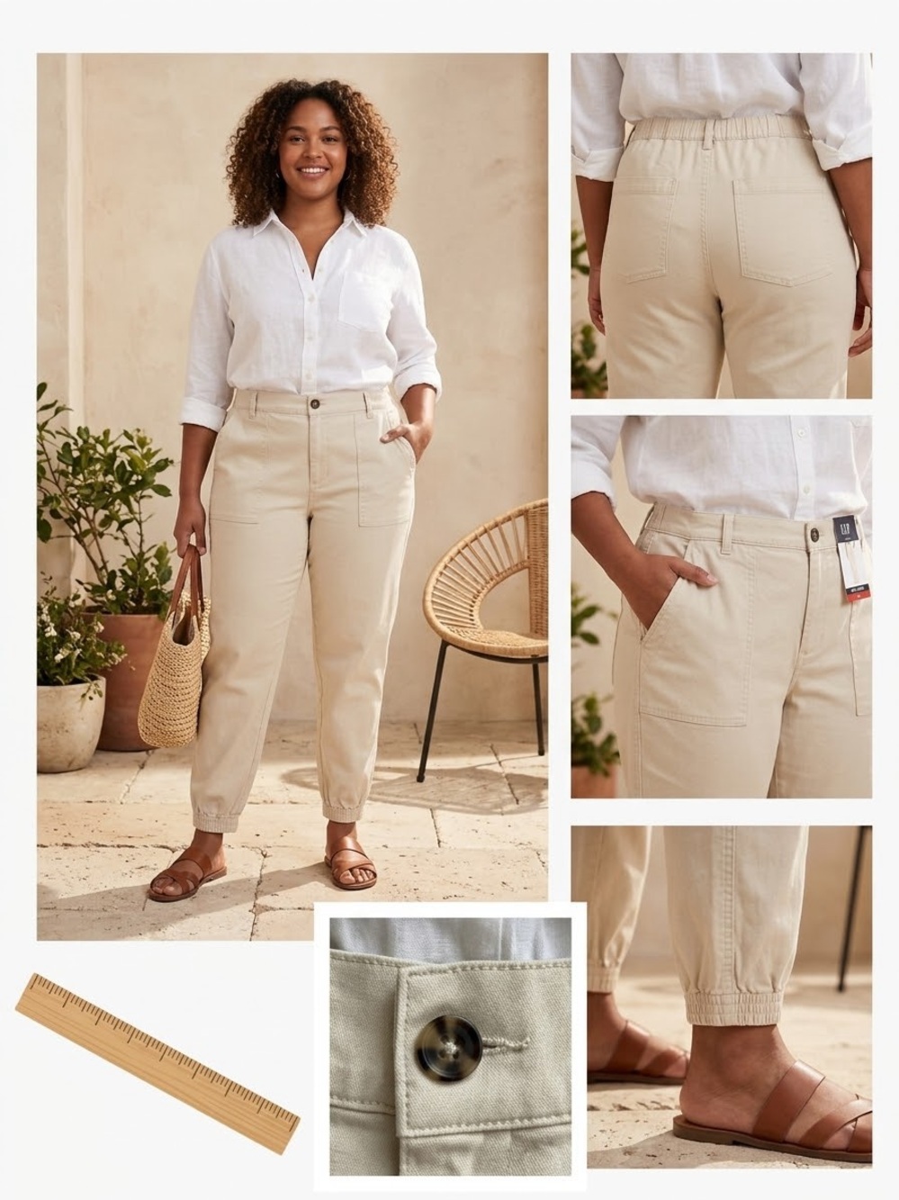 GAP Twill Jogger Pants Women XL Birch Cream Beige Cotton Blend Stretch High Rise